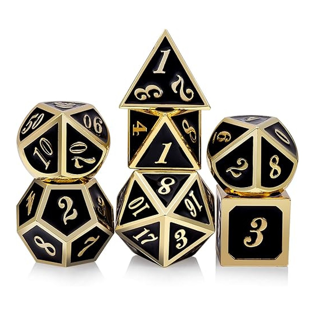 DNDND Metal Dice Set - 7-Die Metallic Polyhedral Set with Gift Tin (Black & Gold)